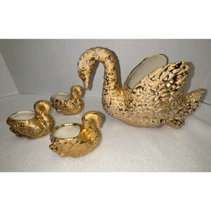 Set of 4 Vintage 22 K Hand Decorated Weeping Bright Gold Swans Ceramic Planters